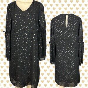Ellos 12 Black Metallic Gold Polka Dot Lined Sheer V-Neck Long Bell Sleeve Dress